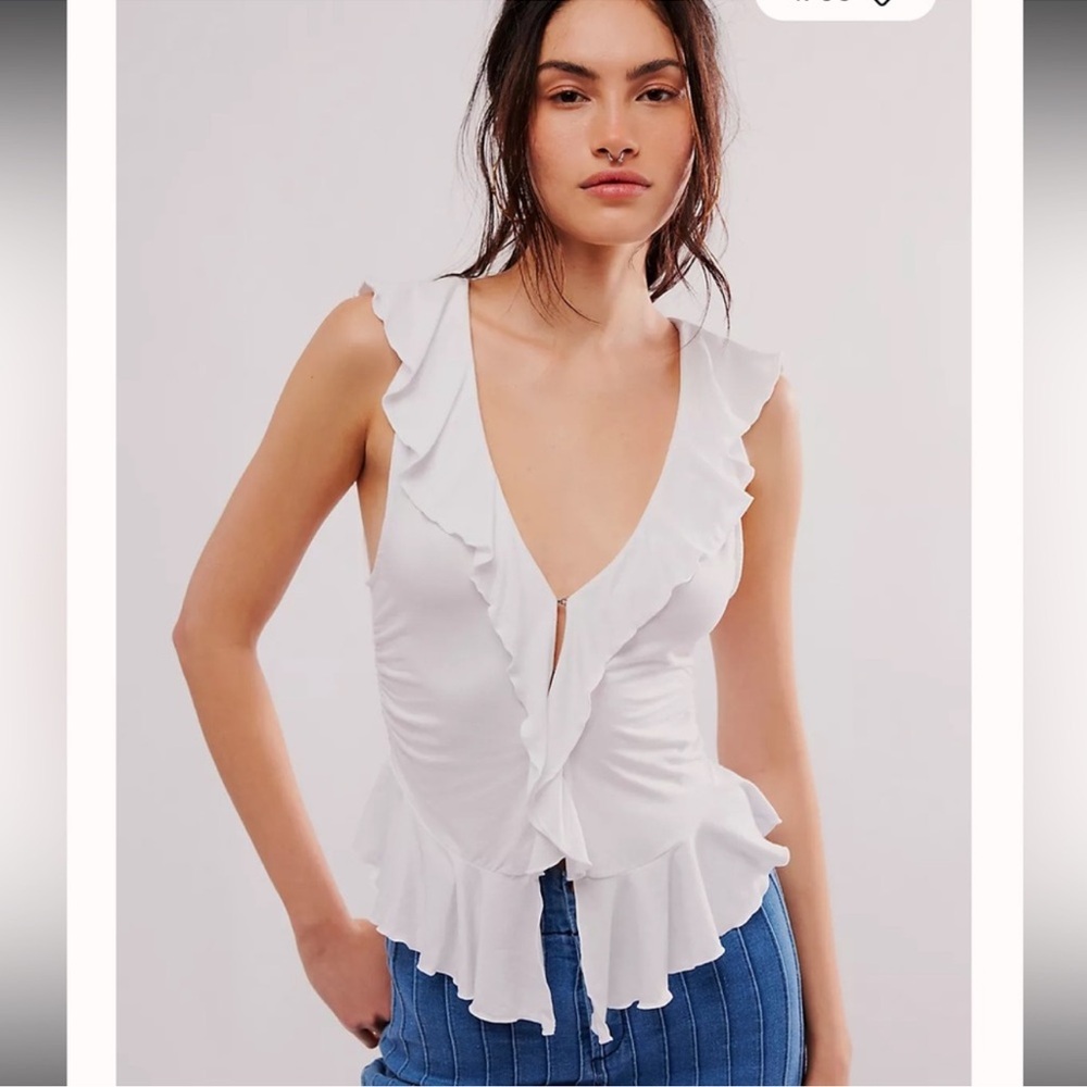 FREE PEOPLE White Ruffle V-Neck Top NWOT